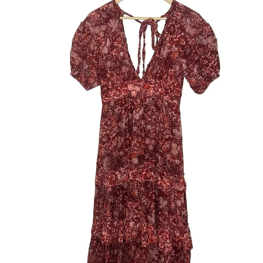 Ulla Johnson Amora Tiered Floral V-neck Tie Back Midi Dress - Picture 3 of 11